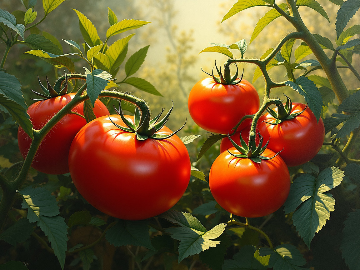 Ripe Red Tomatoes on Lush Green Vines in Garden
