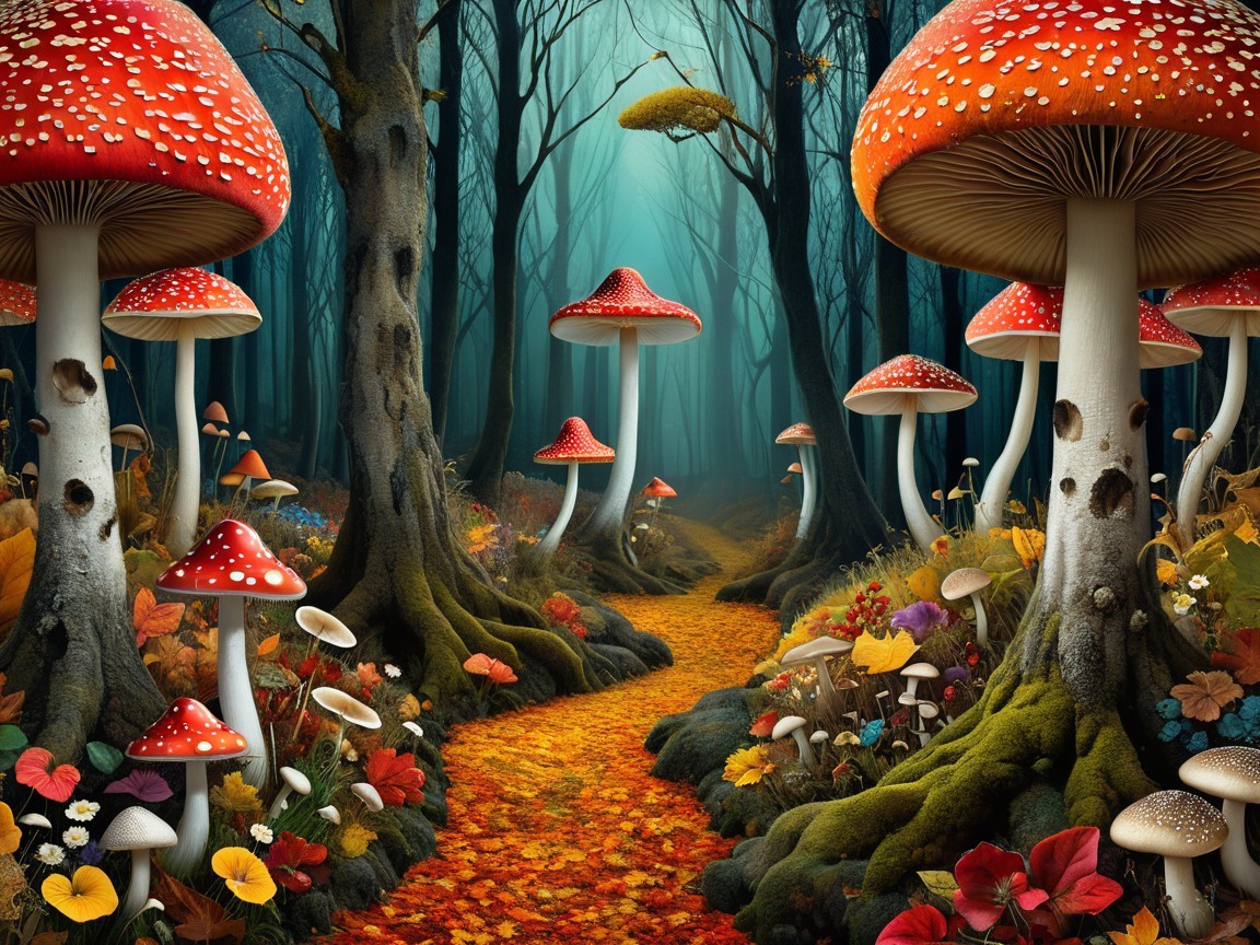 Whimsical Forest Path with Colorful Fungi and Light