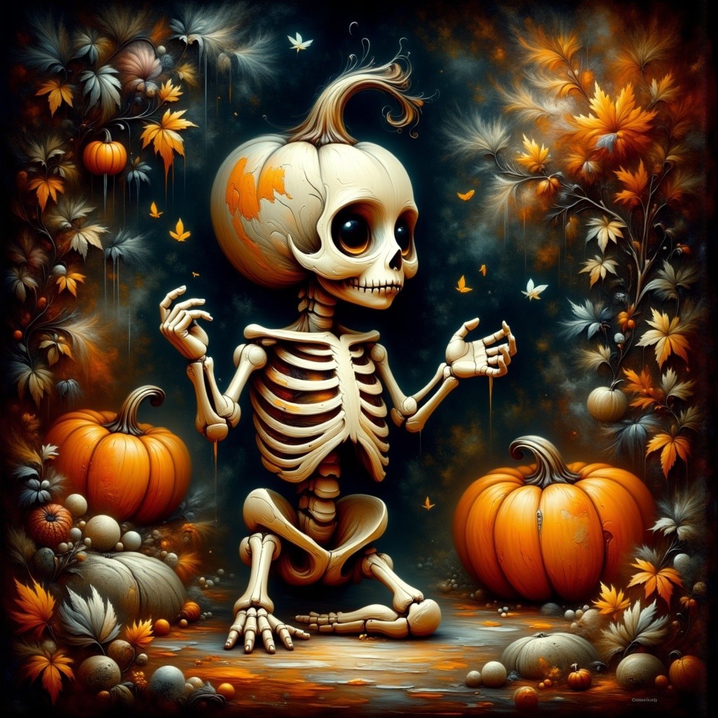 Whimsical Skeleton Among Pumpkins in Autumn Scene