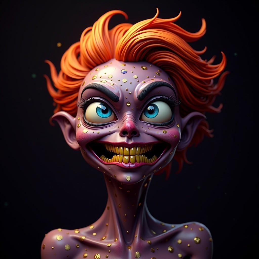 Cartoon Character with Orange Hair and Purple Skin