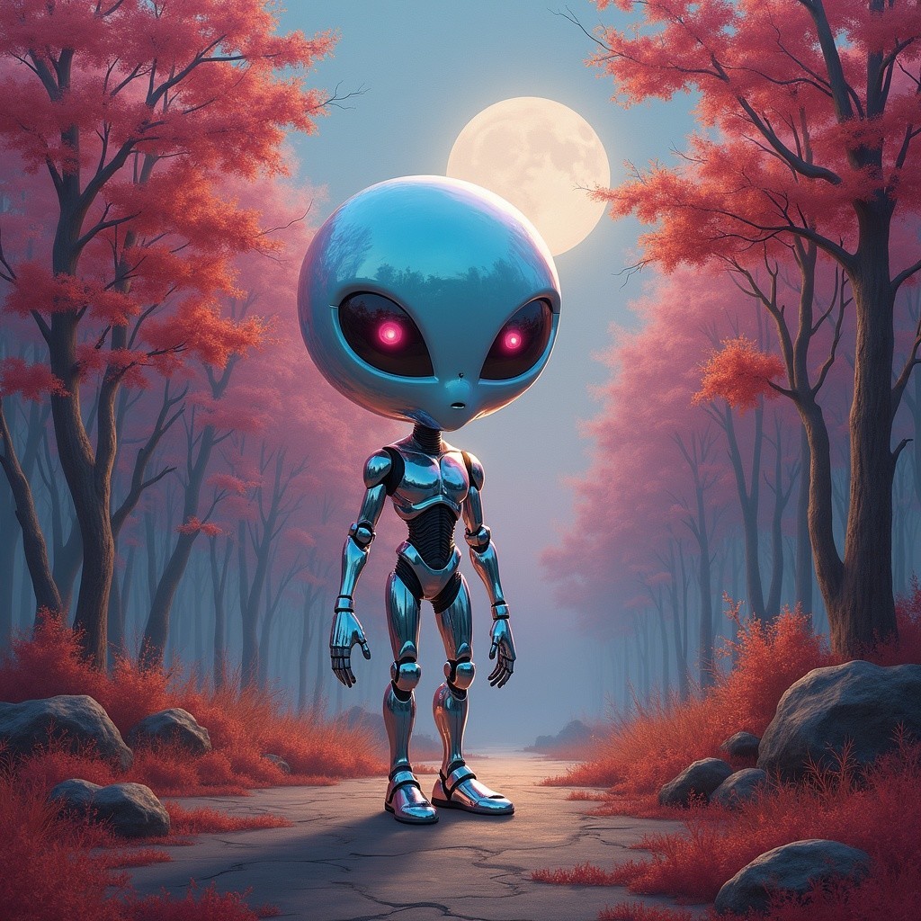 Futuristic Alien in Surreal Forest with Luminous Moon