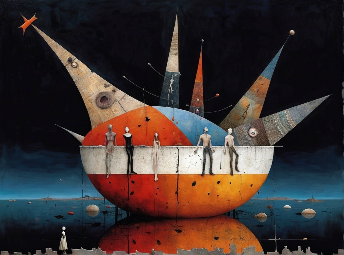 Colorful boat structure with abstract figures in dark setting