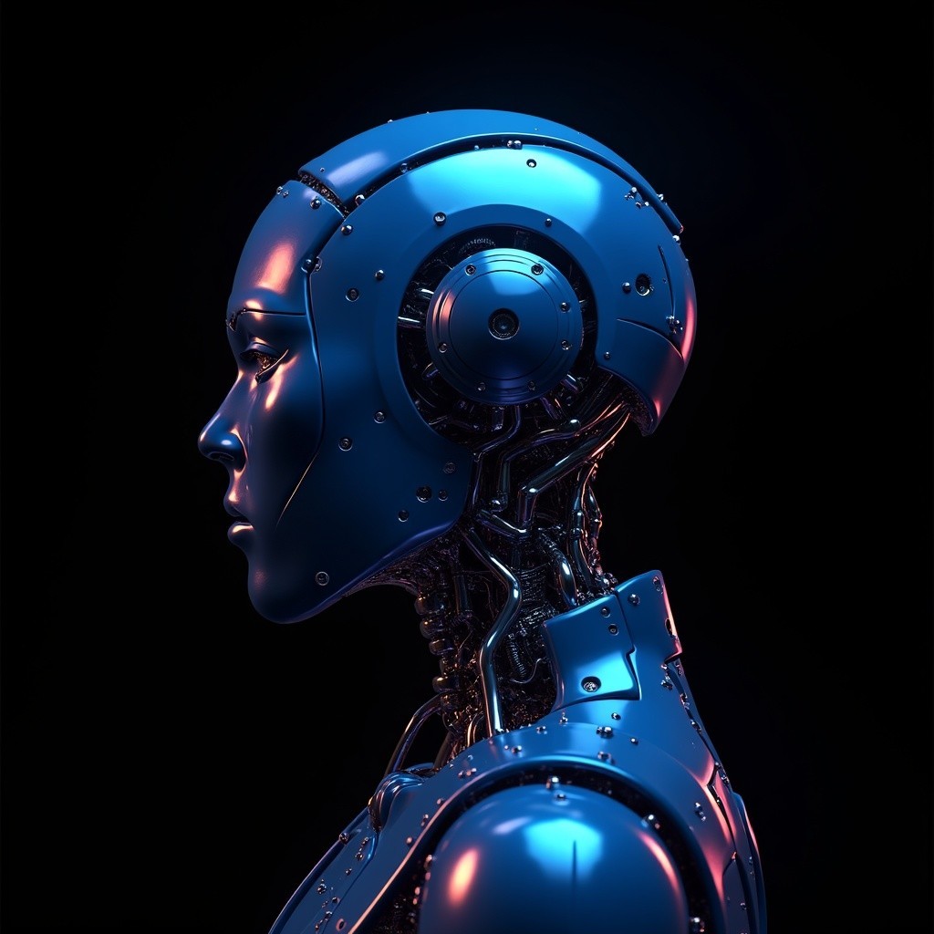 Futuristic Robotic Head with Metallic Surface and Circuitry