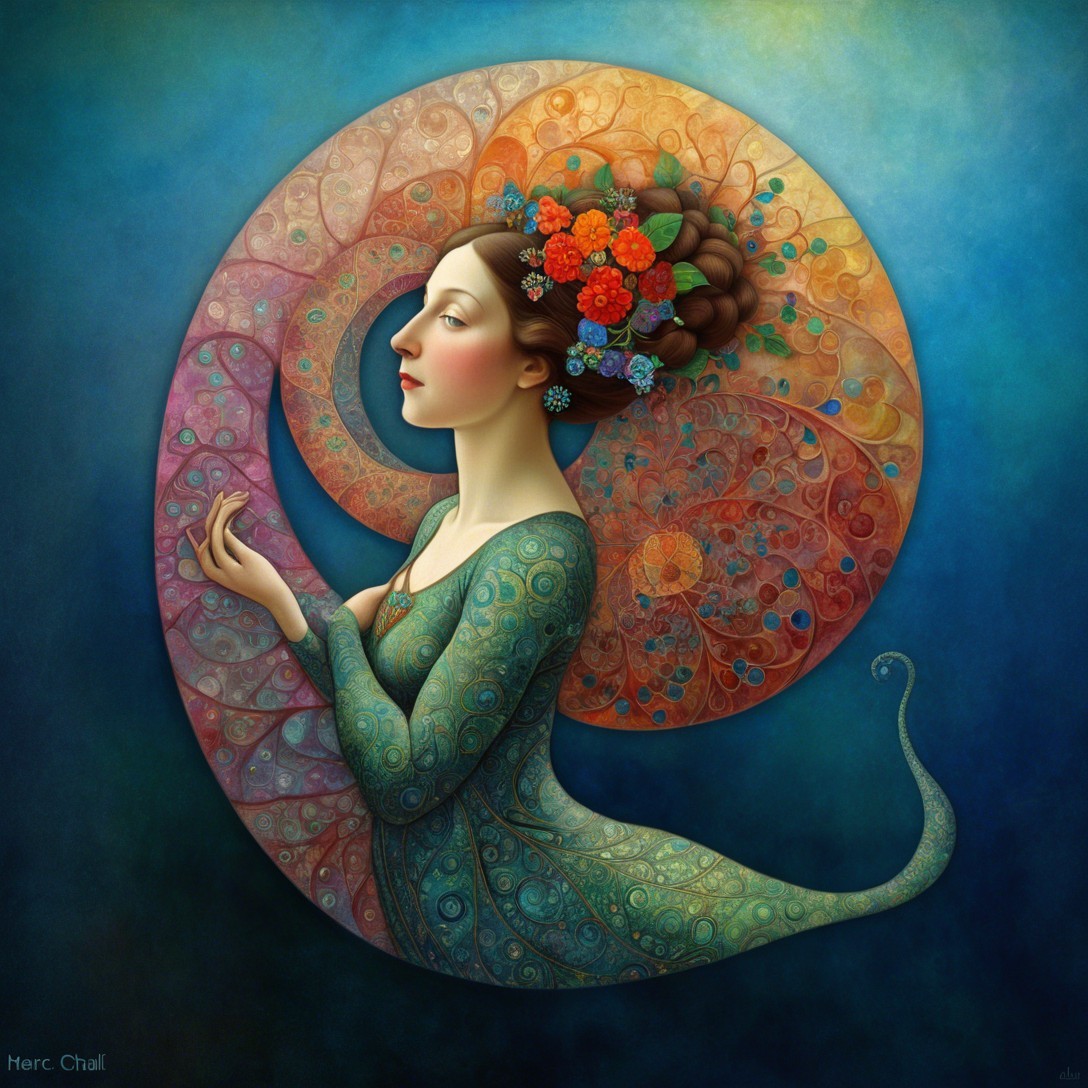 Siren-like Woman with Textured Tail in Blue Background