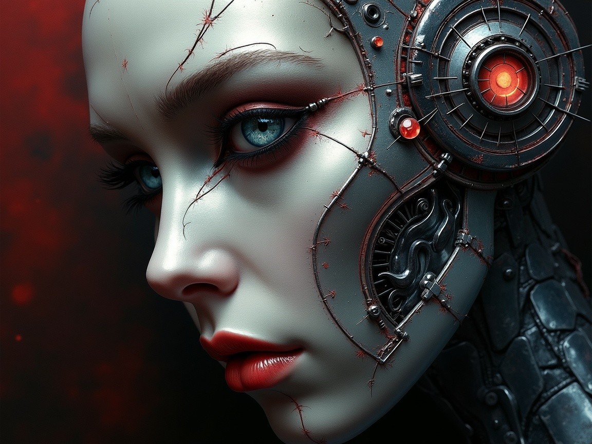 Futuristic humanoid robot with blue eyes and textures