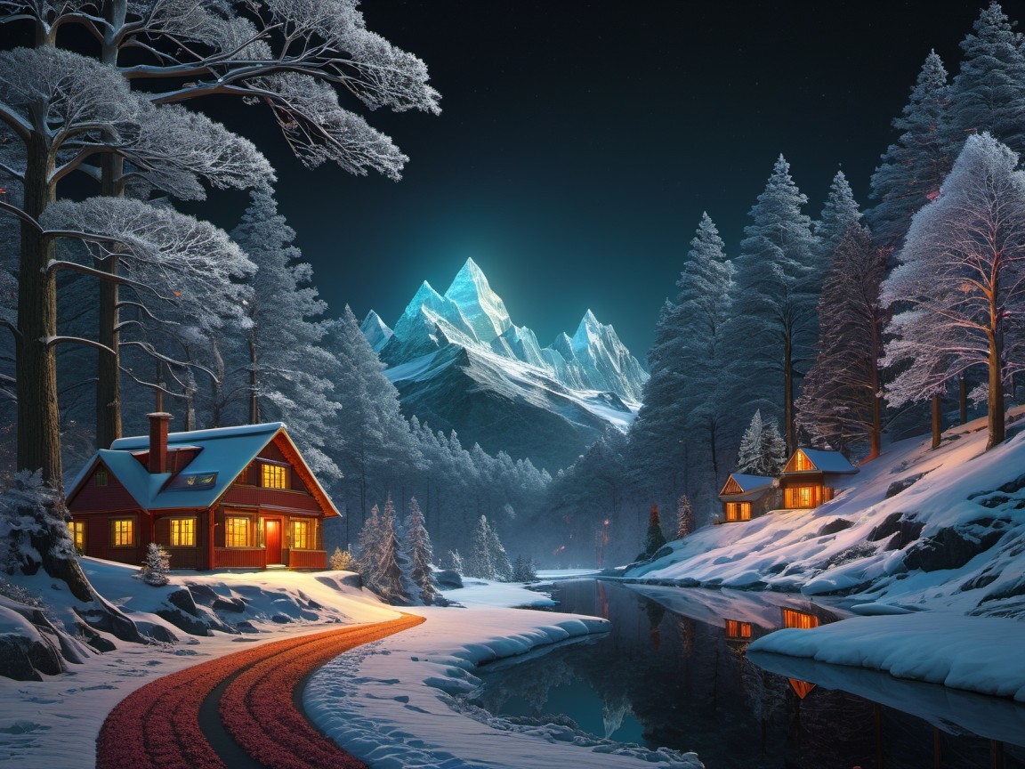 Winter Landscape with Cabins and Starry Sky