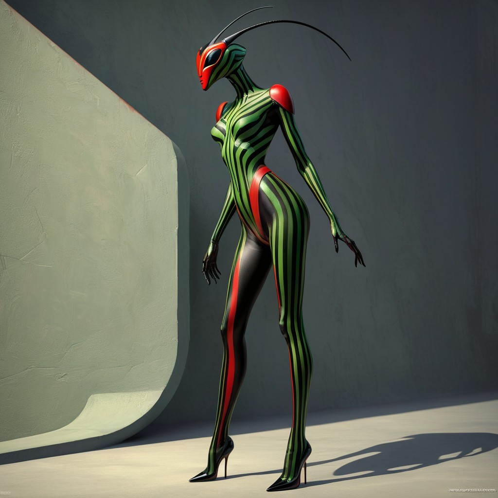 Stylized humanoid figure with insect-inspired design