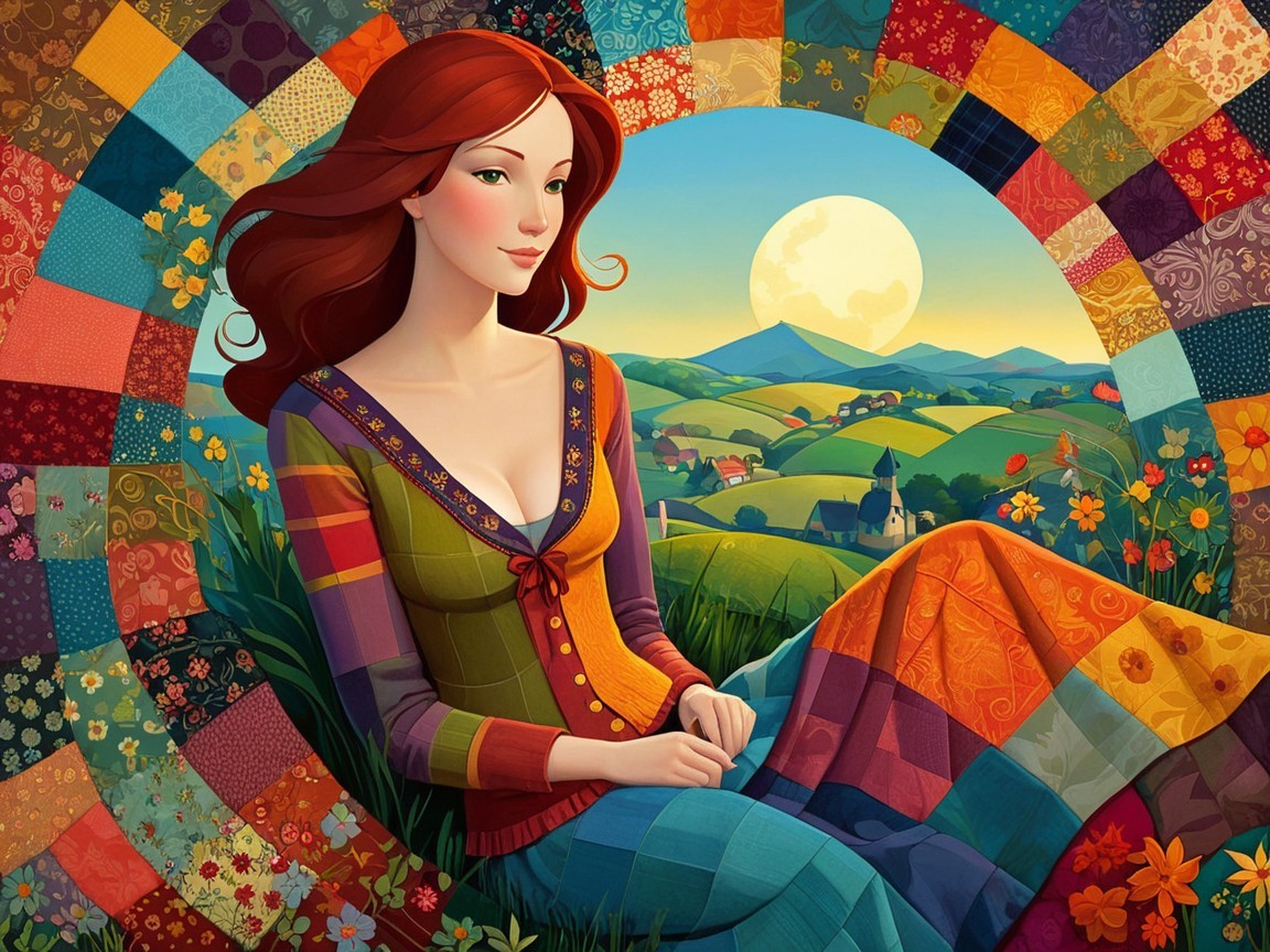 Serene Landscape with Young Woman and Colorful Quilt
