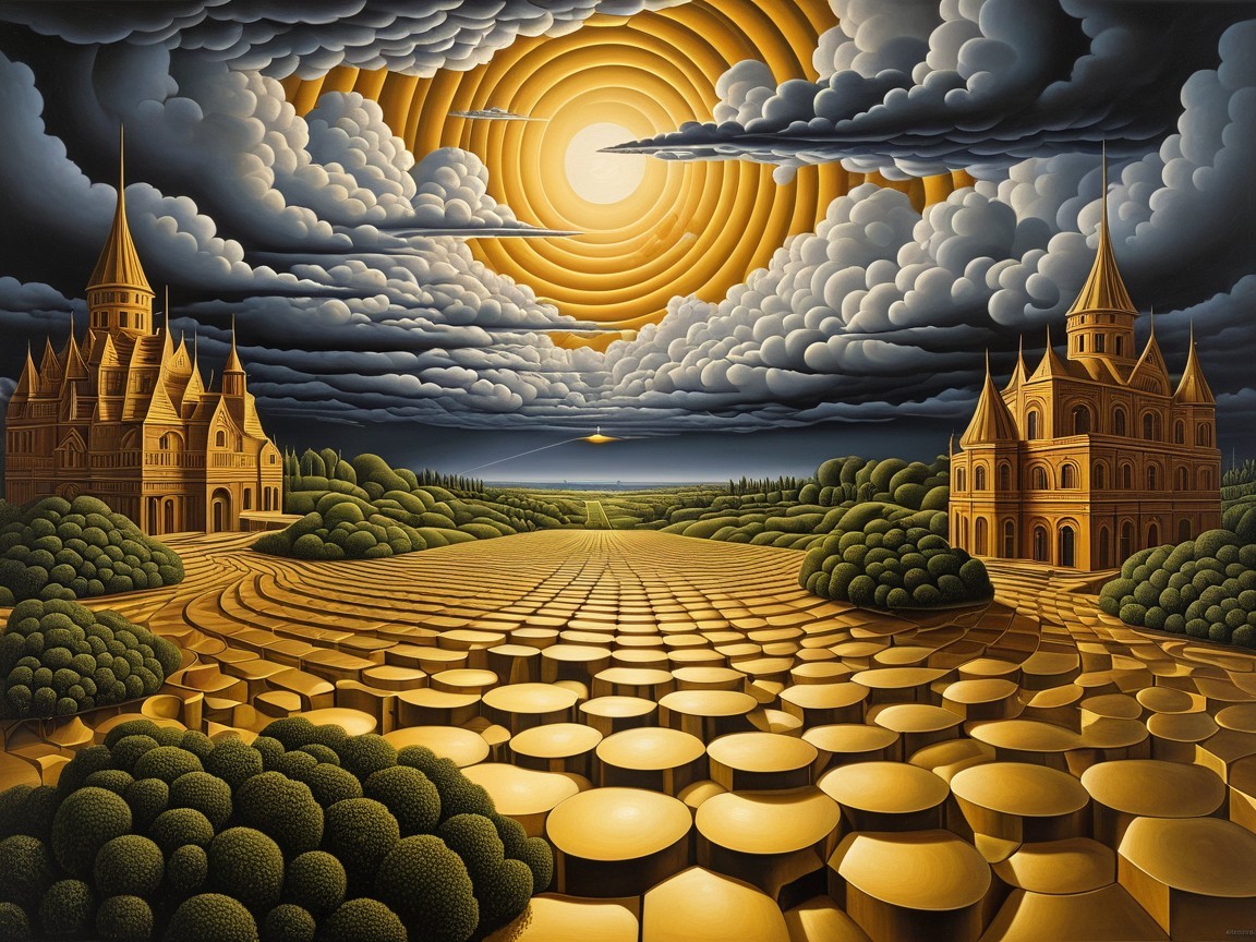 Surreal Landscape with Castles and Honeycomb Patterns