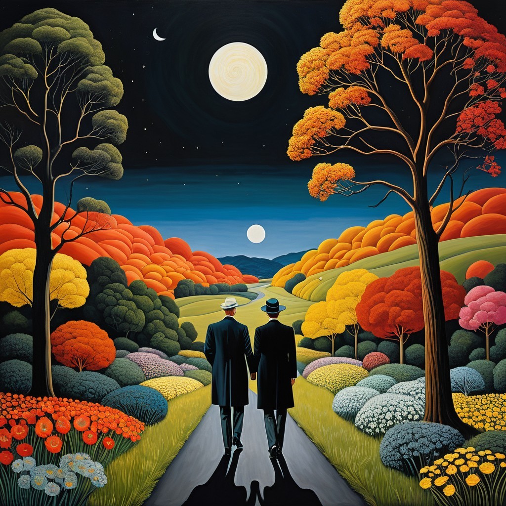 Figures in Suits on a Winding Road at Night