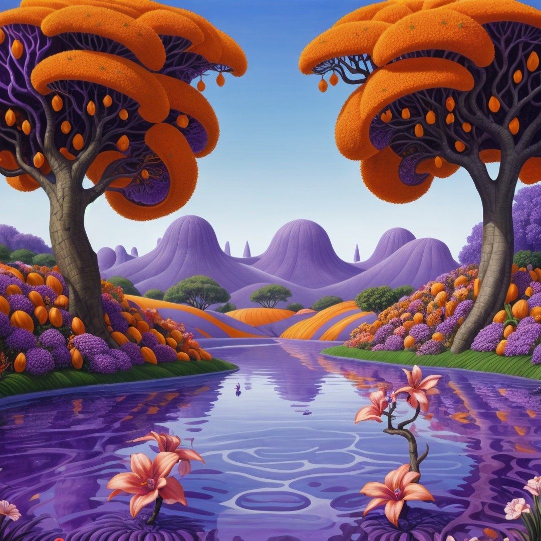 Vibrant Landscape with Whimsical Trees and River