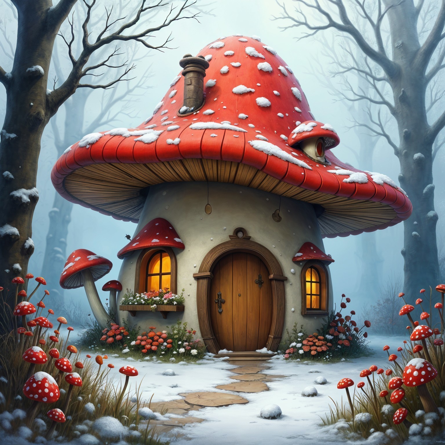 Whimsical Mushroom House in a Snowy Forest Setting