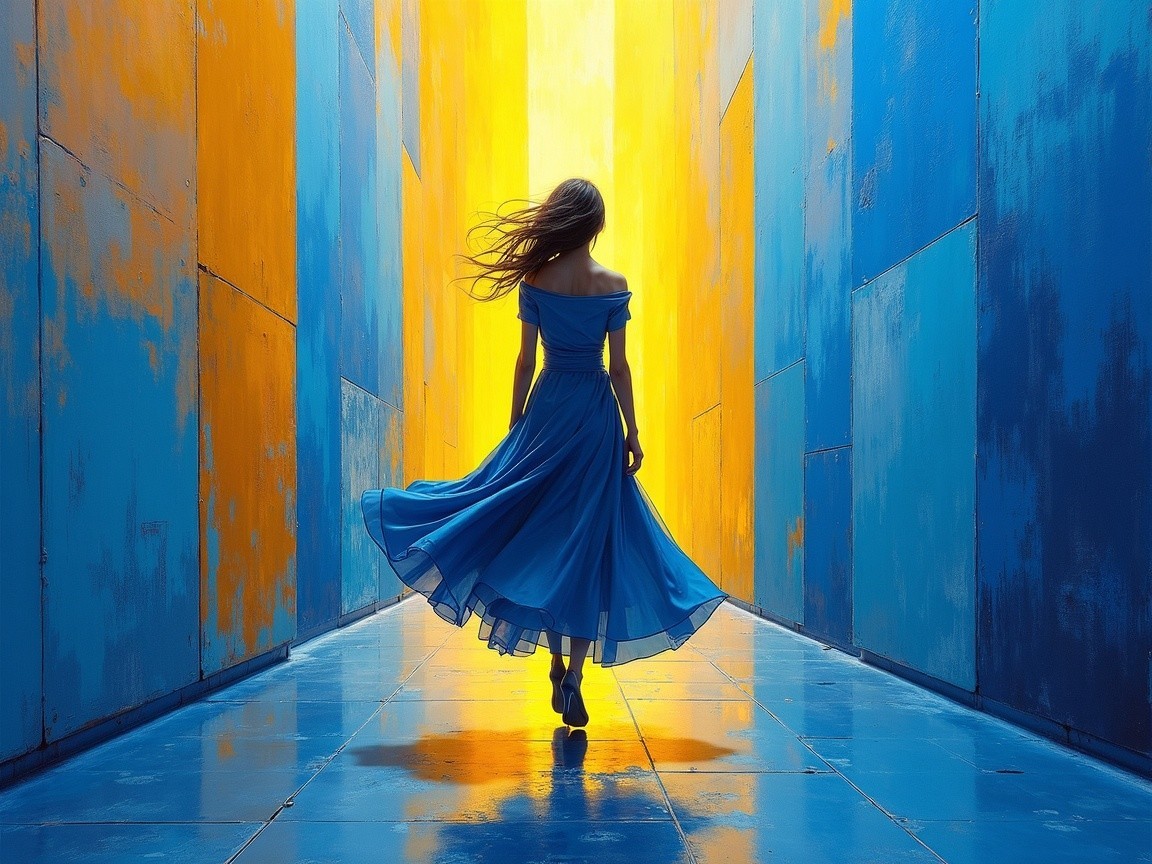 Young Woman in Flowing Blue Dress in Colorful Corridor