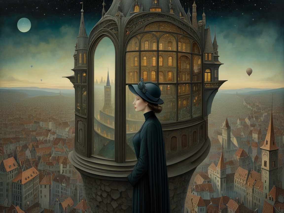 Elegant Figure Before Whimsical Architectural Structure