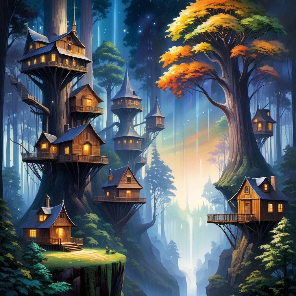 Magical forest with whimsical treehouses and lights