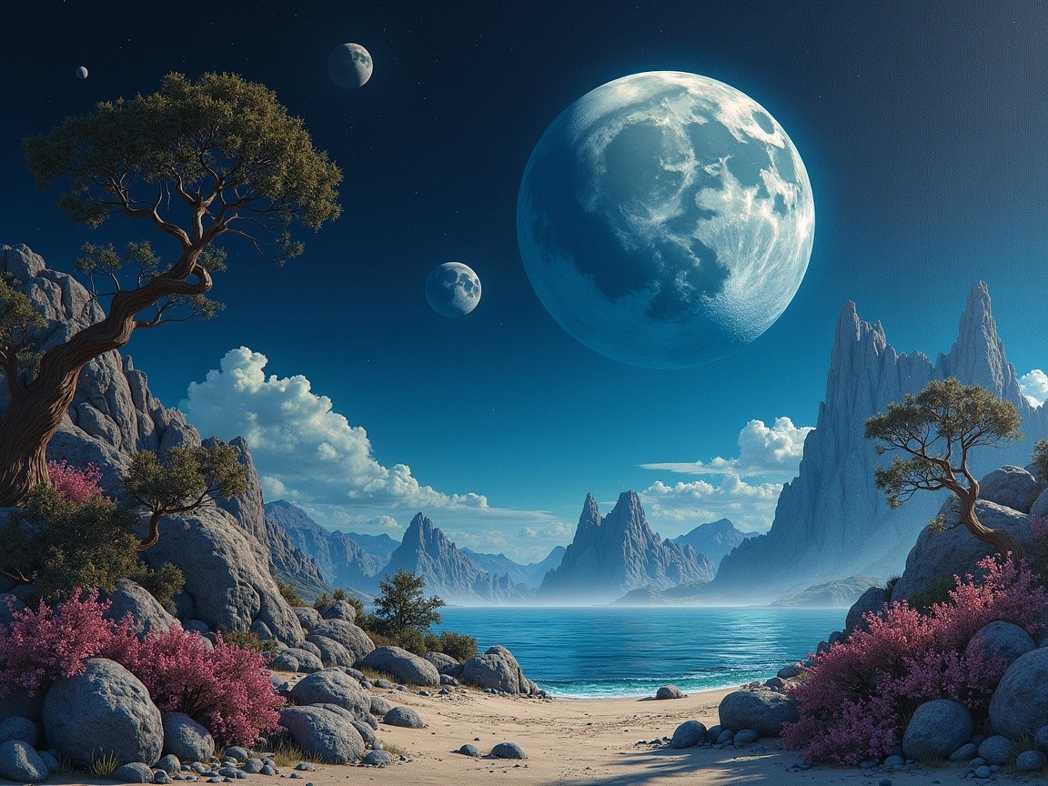 Serene Alien Landscape with Vibrant Flora and Mountains
