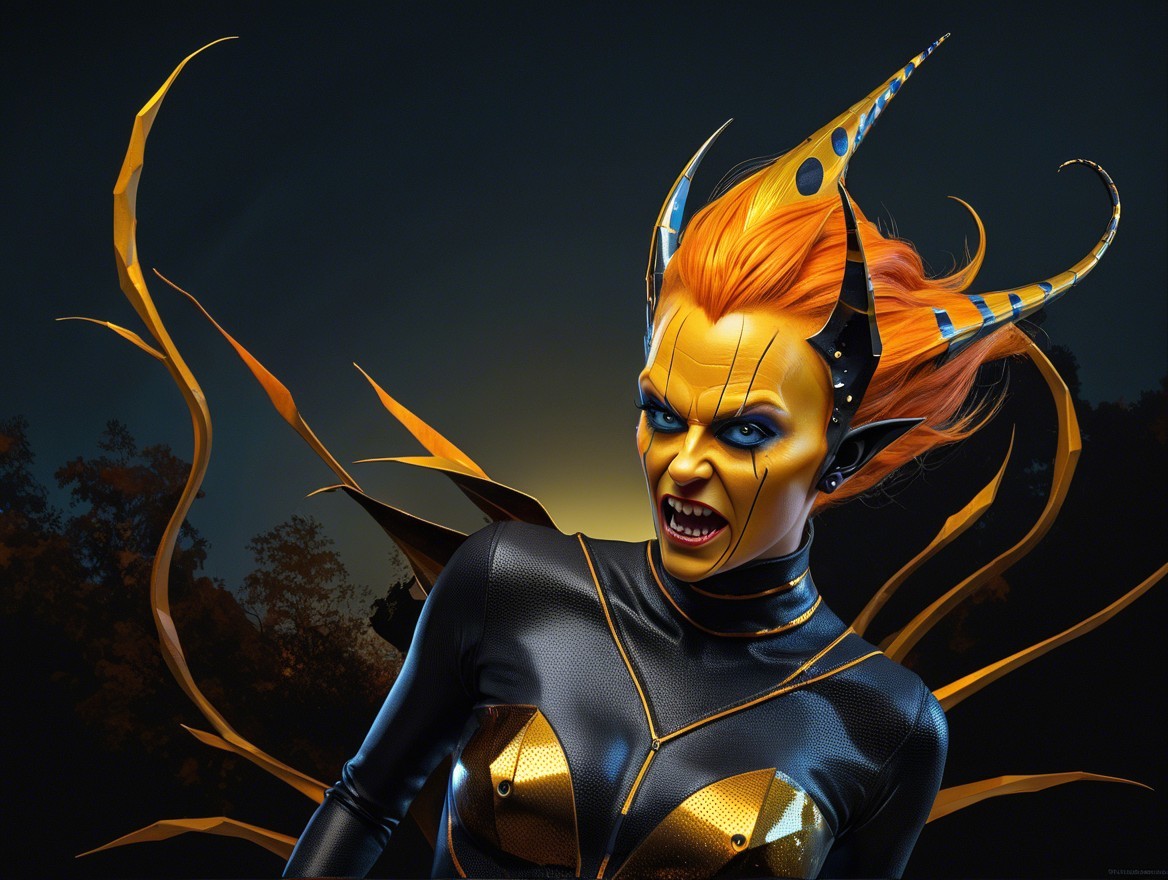 Fierce character with orange hair and yellow skin