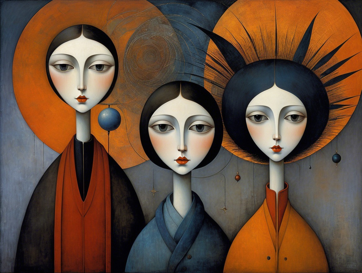 Stylized Women with Elongated Features and Halos