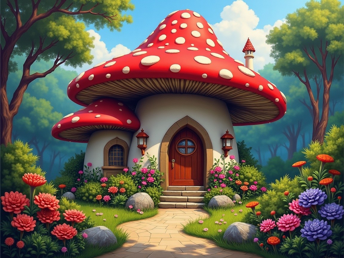 Whimsical Mushroom-Shaped House in Lush Greenery