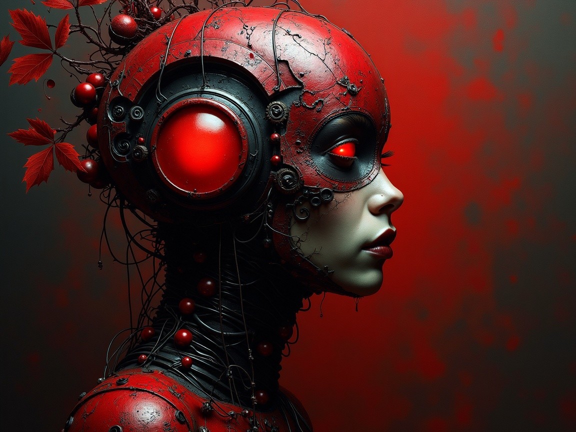 Futuristic humanoid figure with red and black design