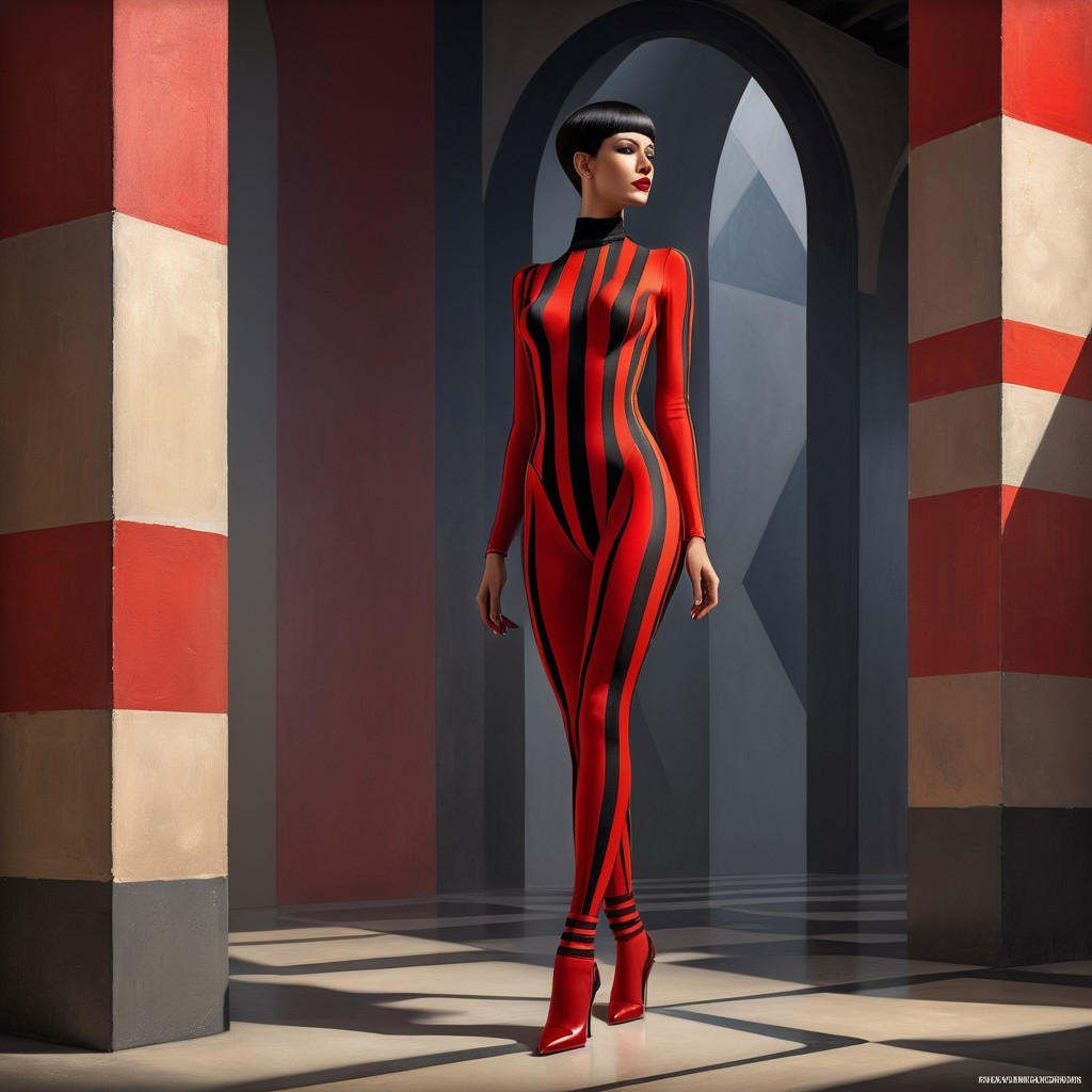Bold Red Bodysuit with Black Stripes in Modern Setting