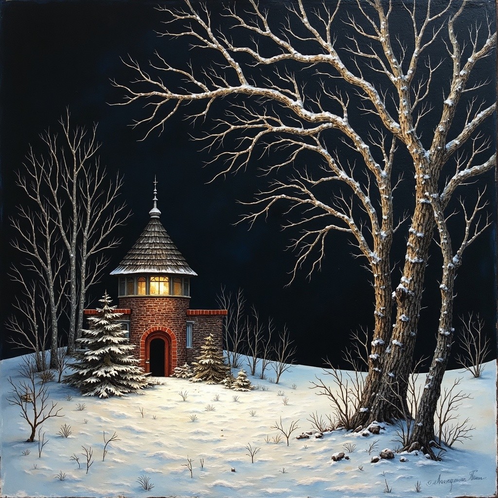 Winter Landscape with Illuminated Building at Night