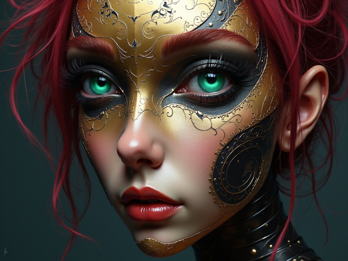 Portrait of a Young Woman with Green Eyes and Mask