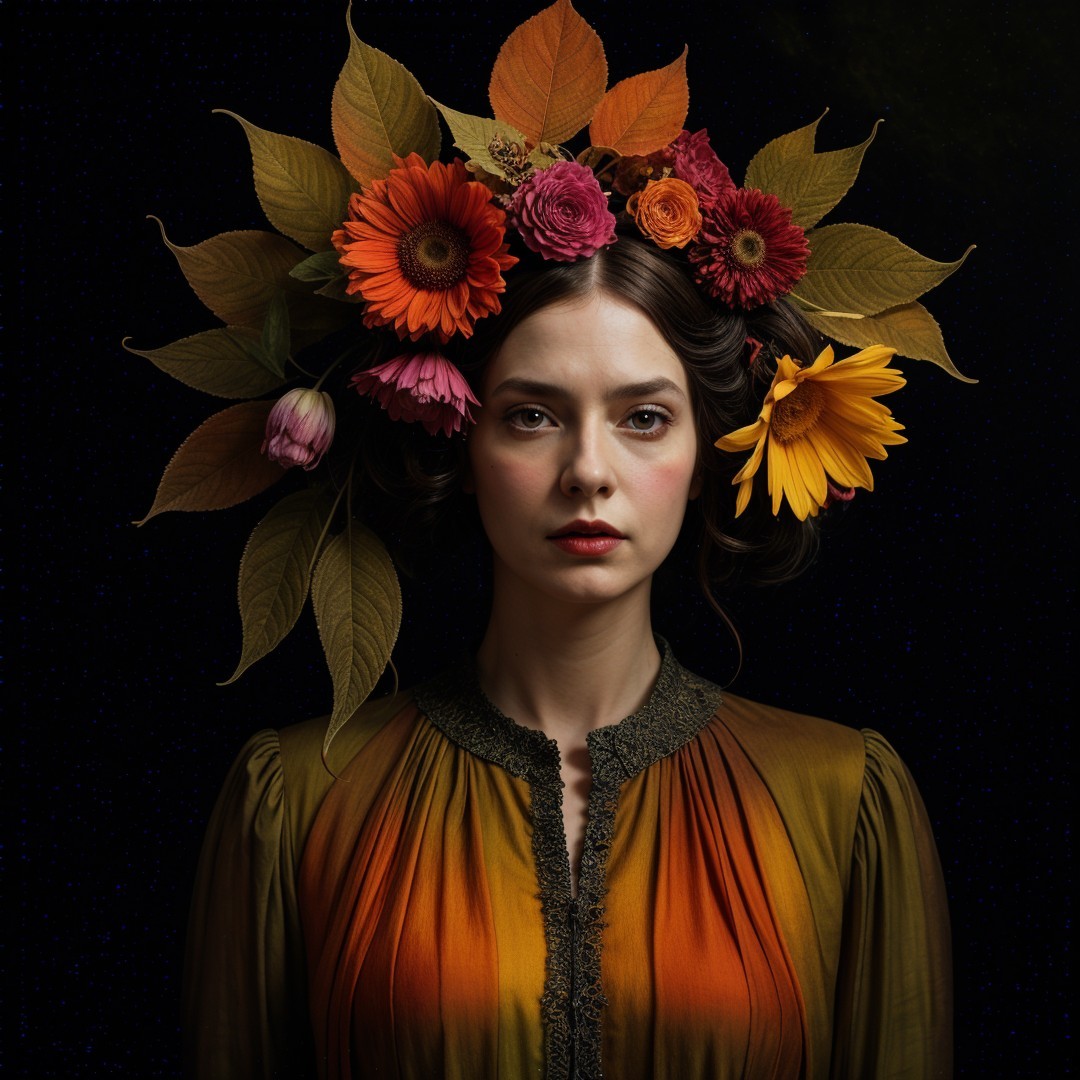 Young woman in floral headdress with autumn leaves