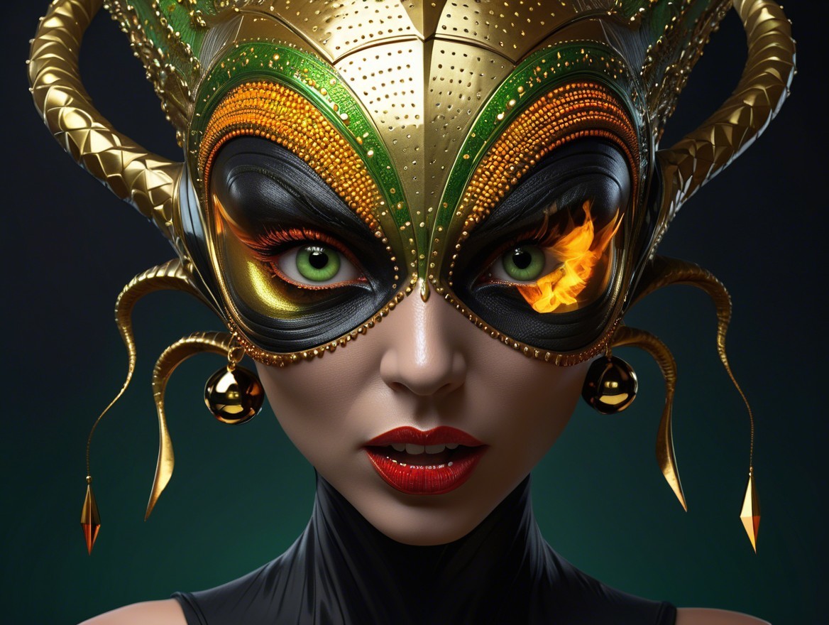 Portrait of a woman in an ornate green and gold mask
