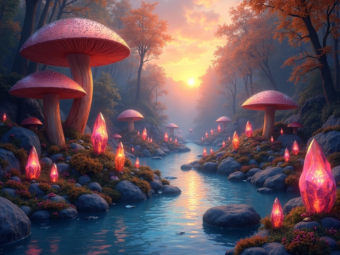 Serene Fantasy Landscape with Pink Mushrooms and Stream