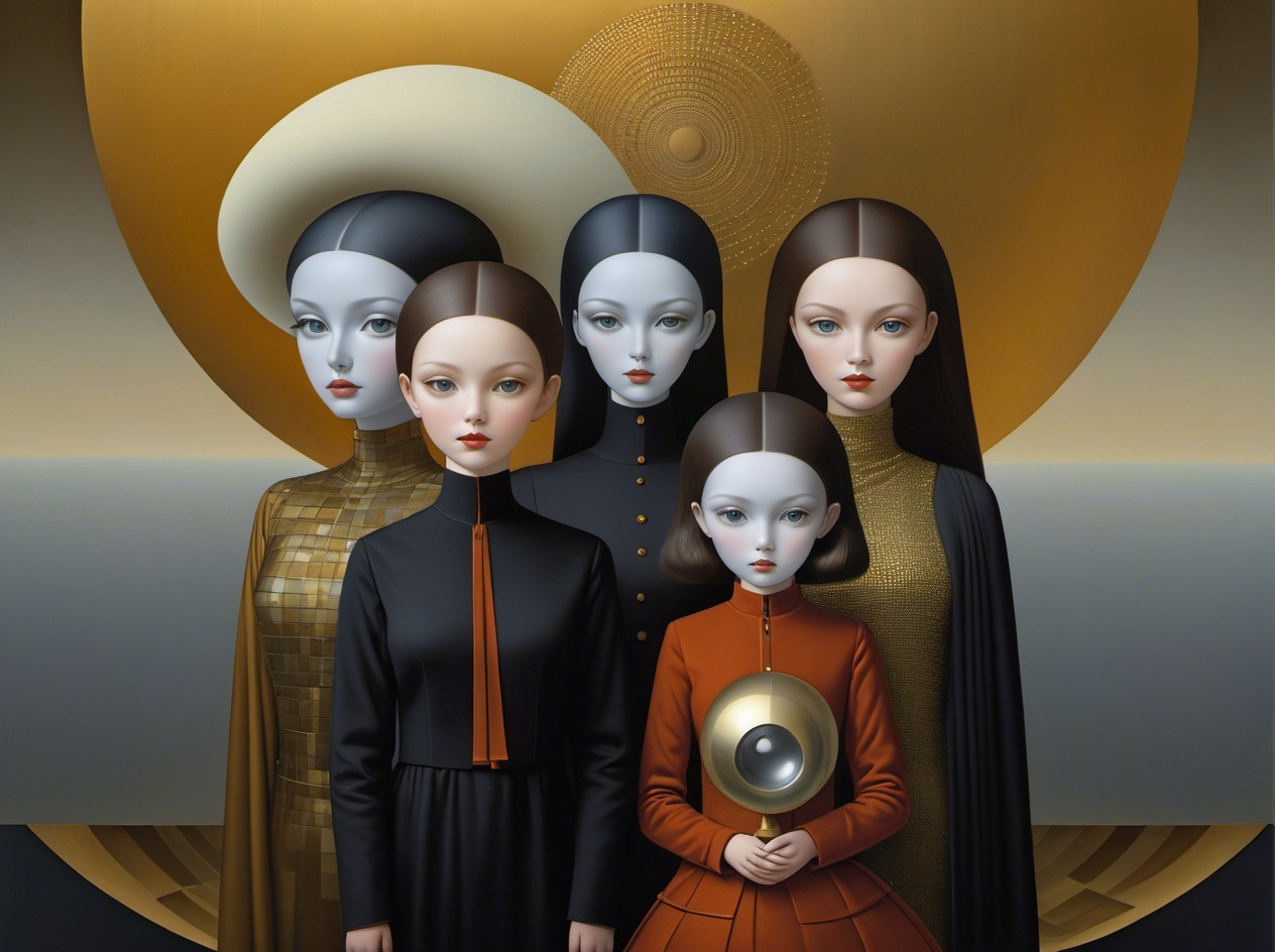 Five White Dolls with Red Lips on Golden Background