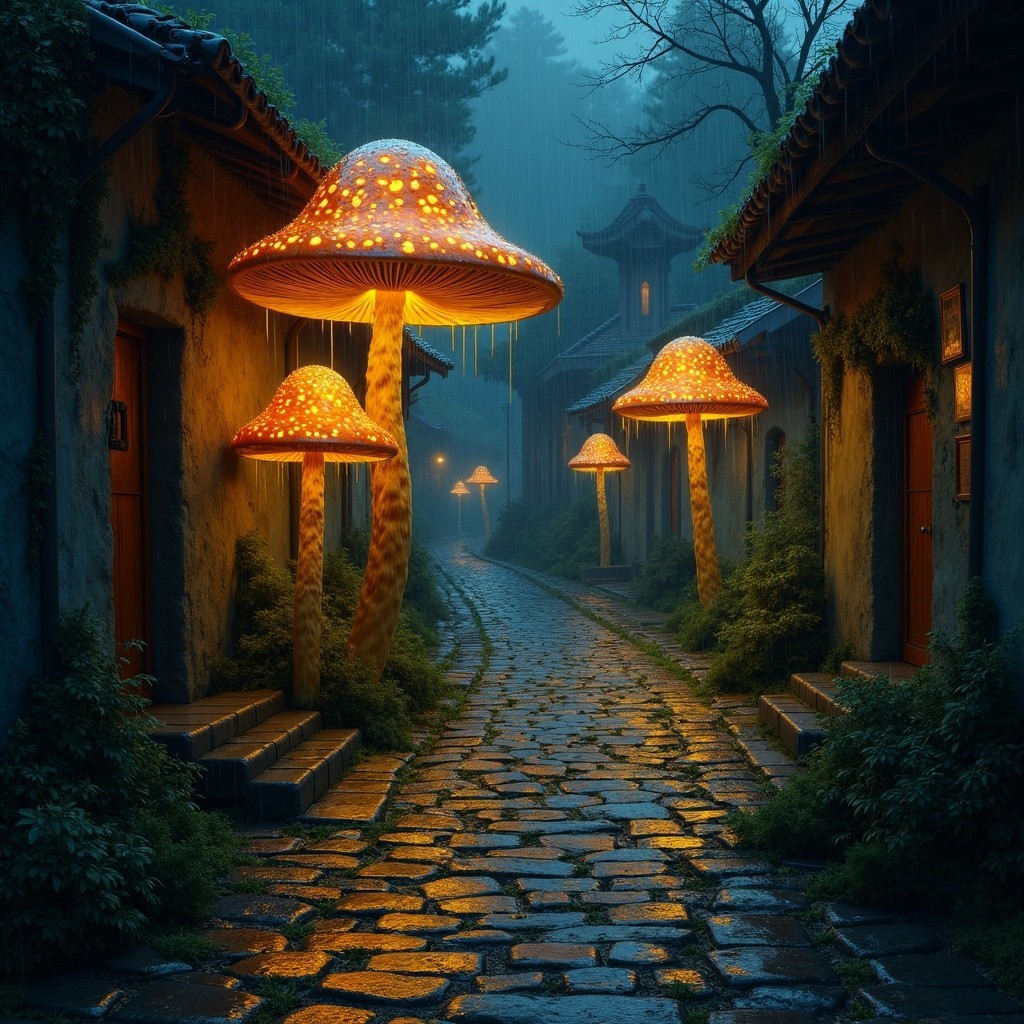 Mystical alleyway with glowing mushrooms and mist