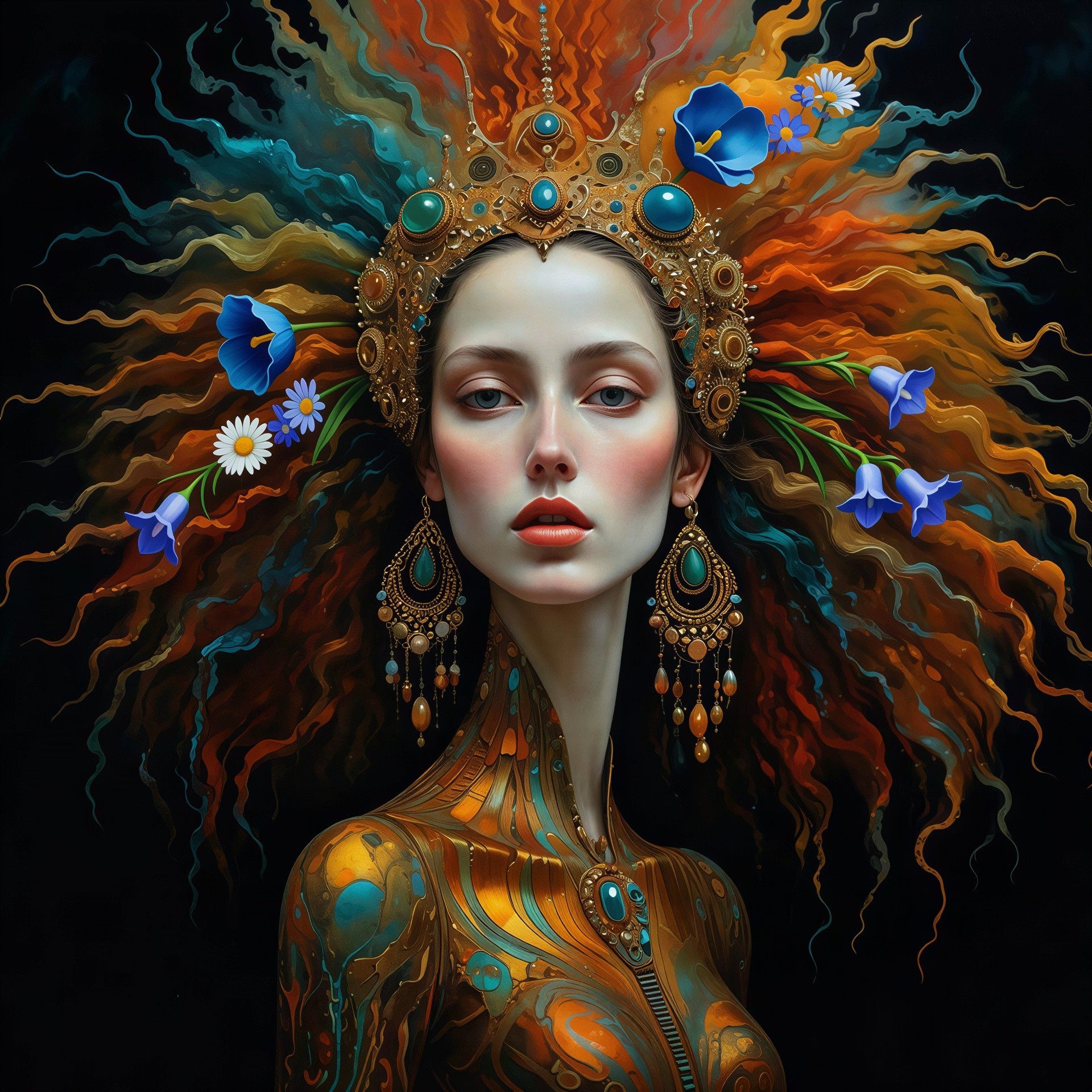 Fantasy Portrait of Woman in Gold and Teal Attire