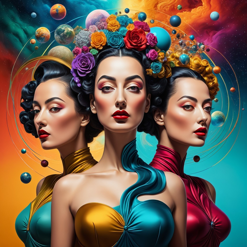 Ethereal Women in Cosmic Setting with Vibrant Dresses