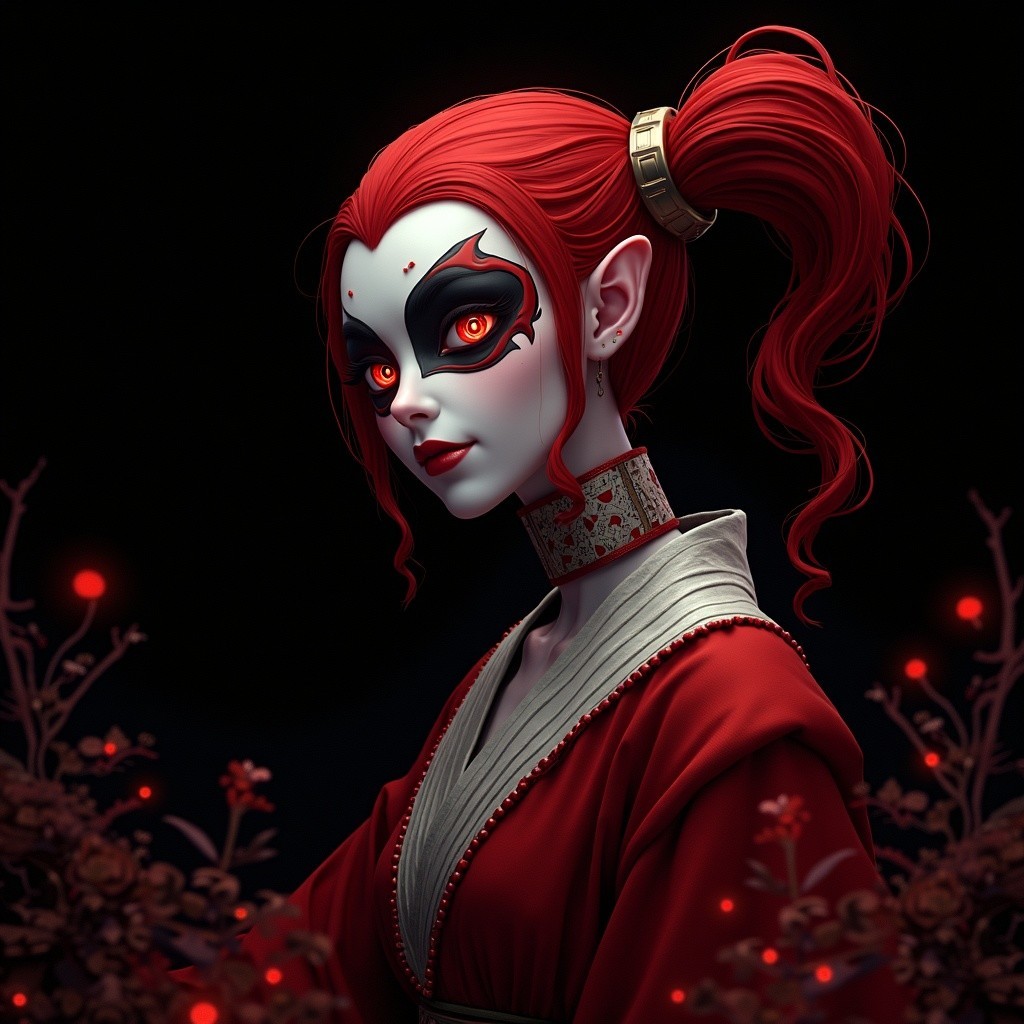 Woman with Red Hair and Bold Makeup in Dark Setting