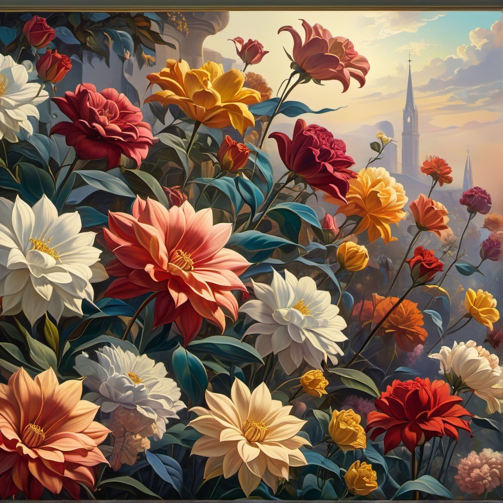 Vibrant Roses in a Lush Garden with Serene Landscape