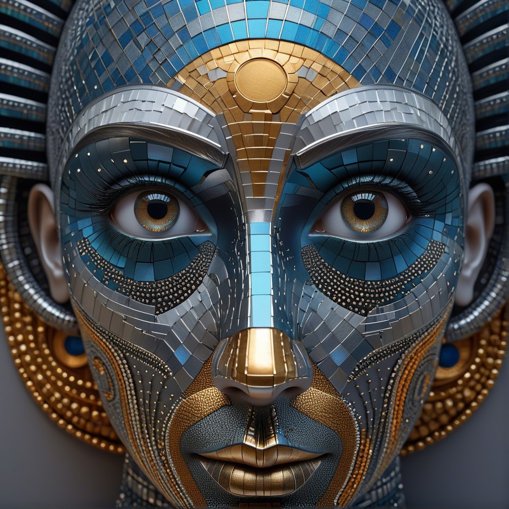 Hyper-detailed robotic face with metallic tile design