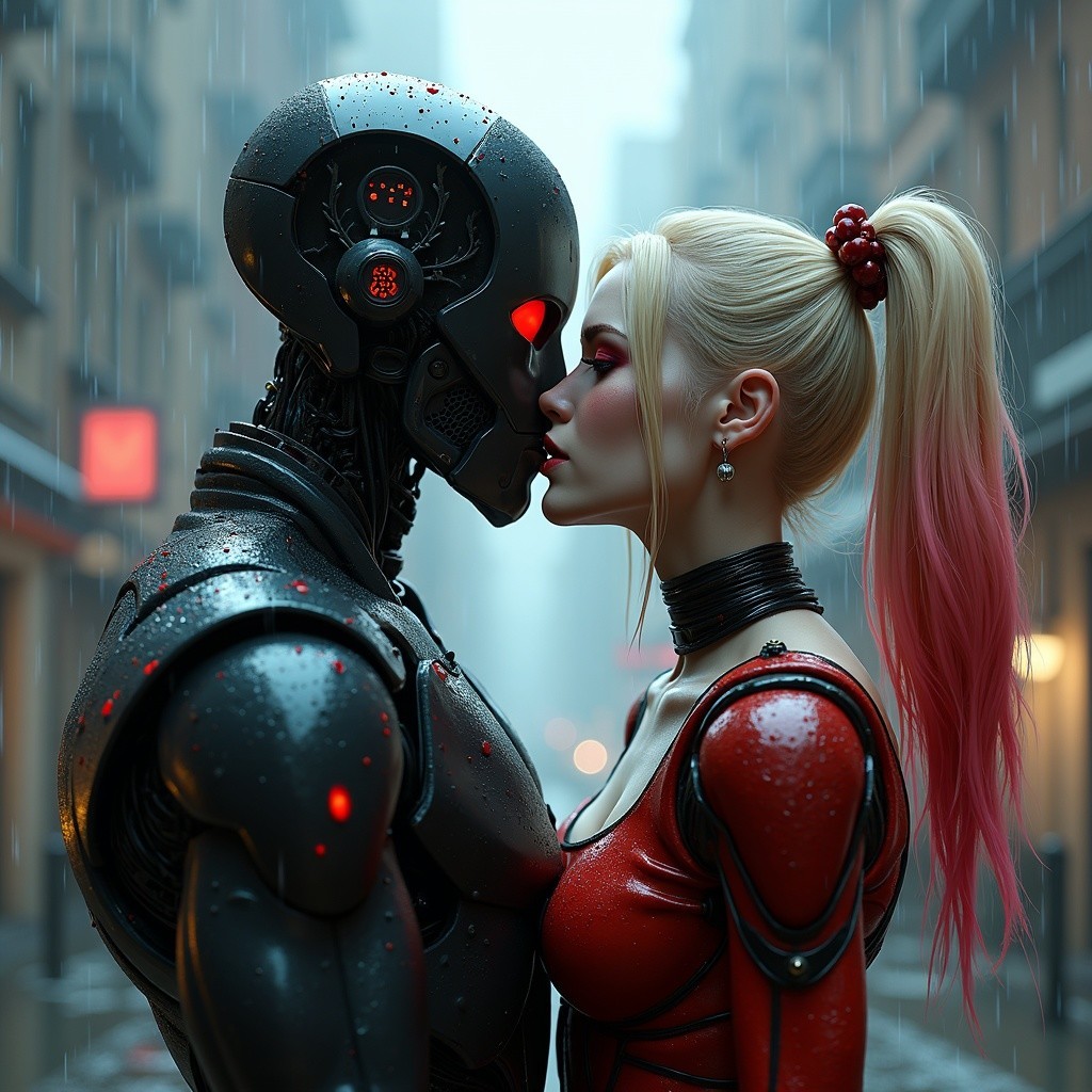 Futuristic Cityscape with Robot and Woman Interaction