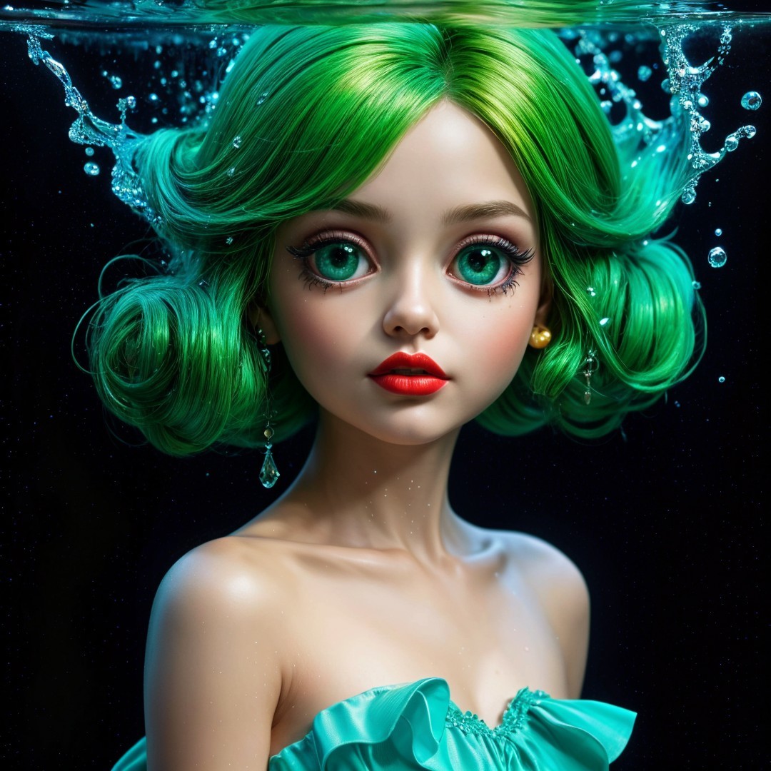 Underwater Portrait of a Doll-like Figure with Green Hair