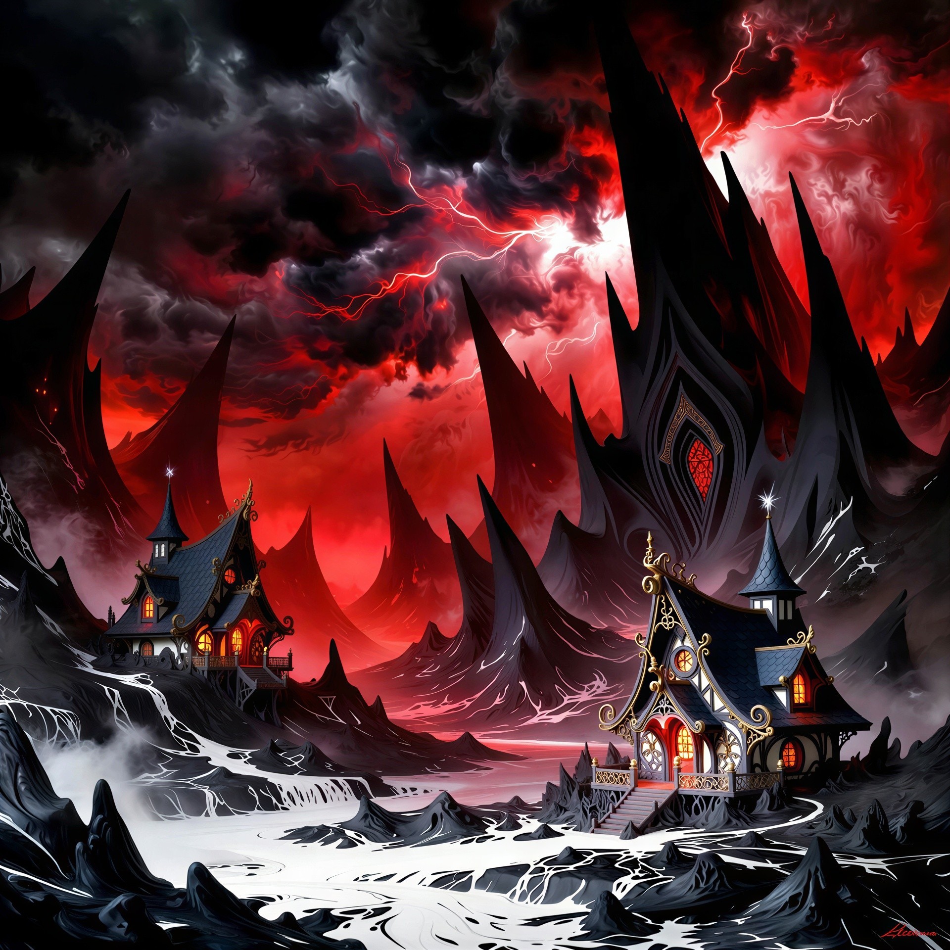 Nightmarish Demonic Landscape with Gothic Houses