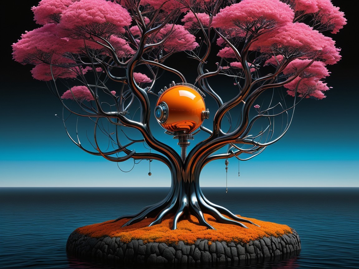Surreal Tree on Island with Vibrant Colors and Reflection