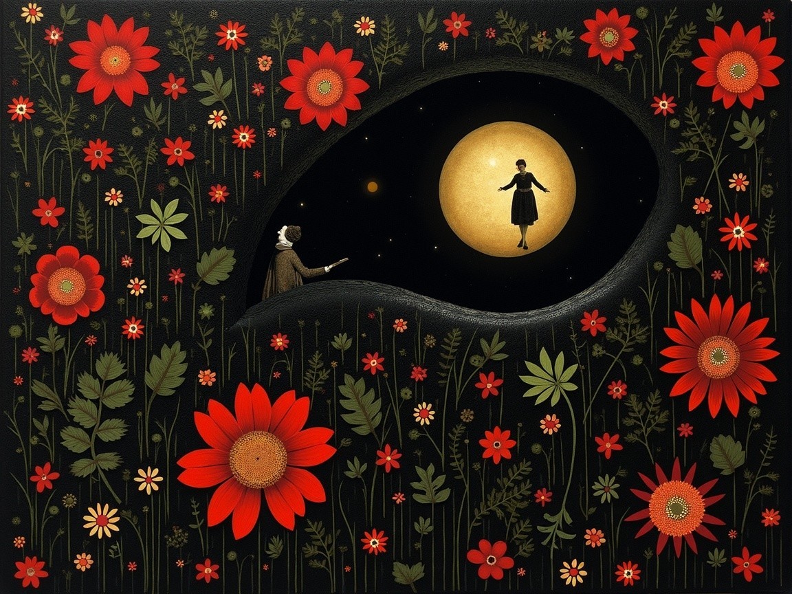Whimsical Figure in a Lush Garden Under a Golden Moon