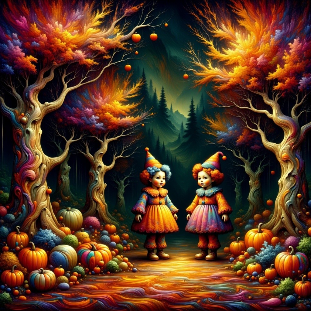 Children in Clown Costumes in a Whimsical Forest