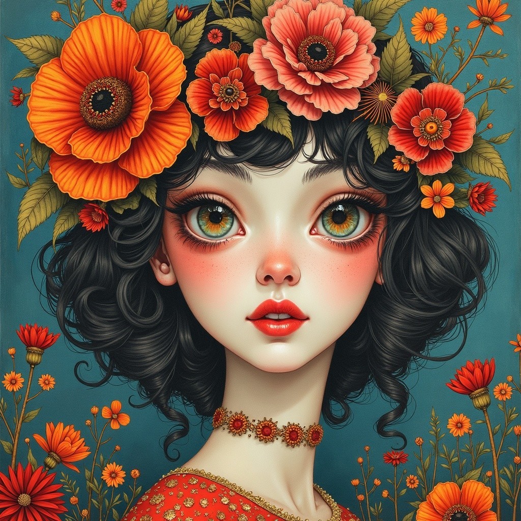 Young woman with flowers and vibrant colors in portrait