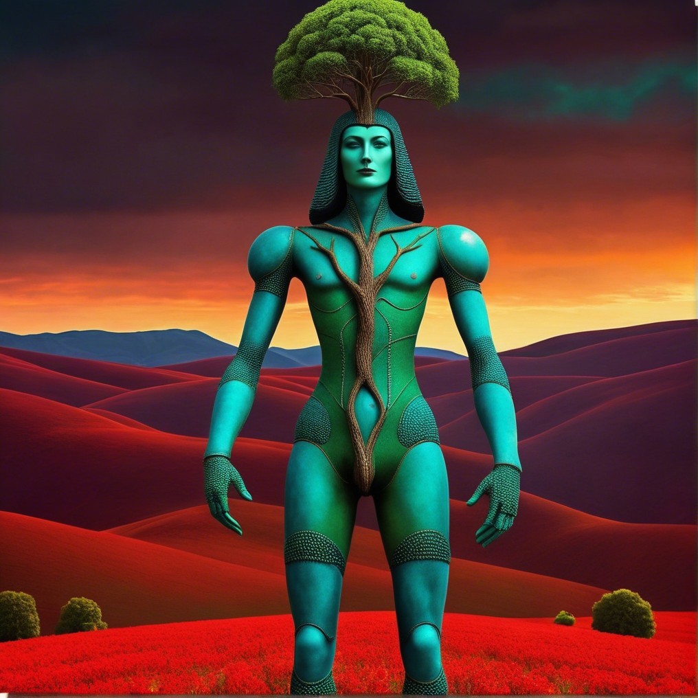 Surreal Humanoid Figure in Vibrant Red Landscape