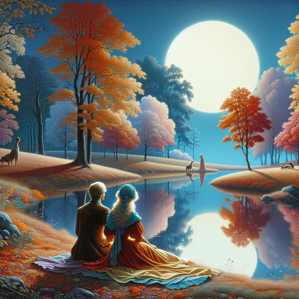 Autumn Landscape with Couple by Tranquil River