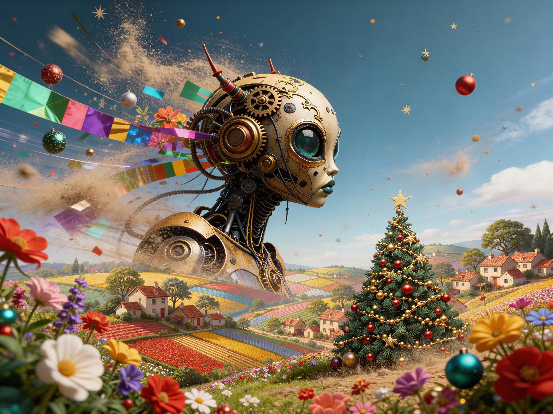 Giant Steampunk Robot Head in a Holiday Scene
