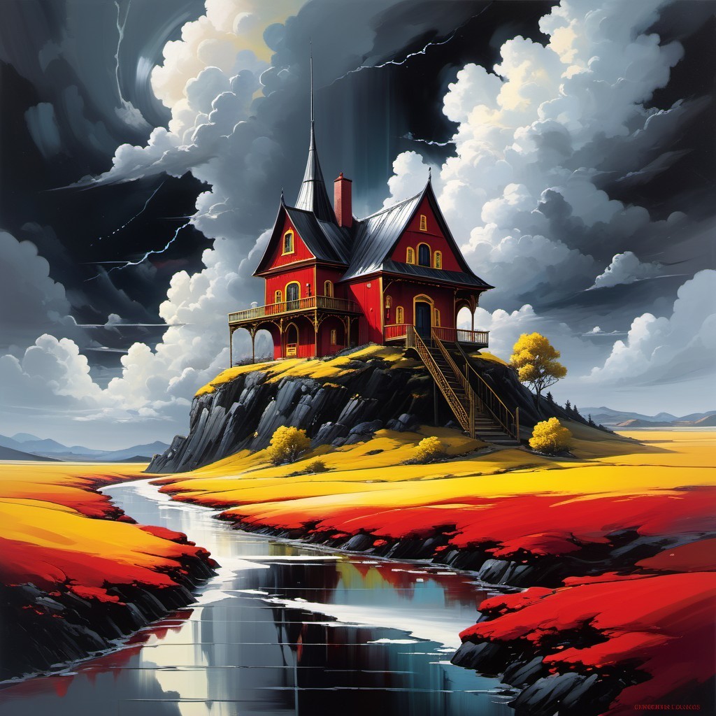 Red House on Rocky Outcrop Amidst Stormy Landscape