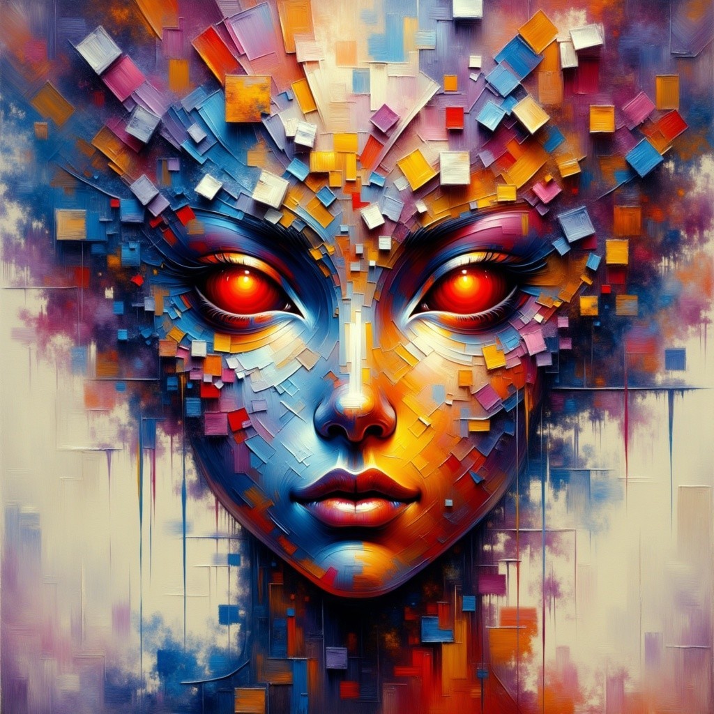 Futuristic Face Artwork with Geometric Shapes and Colors