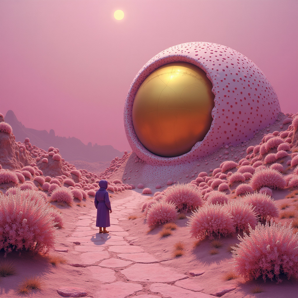 Surreal landscape with pink hues and golden orb